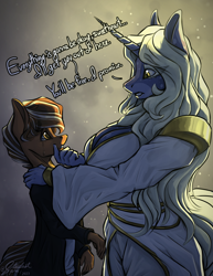 Size: 3850x5000 | Tagged: safe, artist:stardustspix, oc, oc only, oc:caramel, oc:cloud collapse, earth pony, pony, unicorn, anthro, abstract background, absurd resolution, big breasts, breasts, cleavage, clothes, coat markings, colored eyebrows, colored eyelashes, colored pupils, comforting, crying, dialogue, dress, duo, eyebrows, eyebrows visible through hair, female, gold, hand on chin, hand on shoulder, horn, larger female, long hair, looking at each other, looking at someone, male, multicolored hair, open mouth, robe, sad, shirt, size difference, smaller male, tail, teeth, vignette