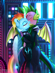 Size: 1800x2400 | Tagged: safe, artist:darksly, rainbow dash, spike, dragon, pegasus, pony, comic:the storm kingdom, g4, bipedal, bodyguard spike, bodysuit, clothes, commander rainbow dash, crystal of light, duo, fake horn, female, kiss on the lips, kissing, latex, latex suit, male, older, older spike, ship:rainbowspike, shipping, storm king's emblem, straight, teenage spike, teenaged dragon, teenager, winged spike, wings