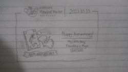 Size: 1780x1001 | Tagged: safe, artist:yappwikia alicorn-stevonnie fandom, derpibooru exclusive, mlp fim's thirteenth anniversary, g1, g4, g5, book, book of harmony, cloud, crystal, earth pony crystal, happy birthday mlp:fim, monochrome, no pony, pegasus crystal, rainbow, text, traditional art, unicorn crystal, unity crystals