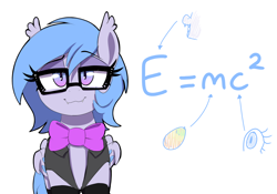 Size: 2000x1400 | Tagged: safe, artist:thebatfang, oc, oc only, oc:lucky roll, bat pony, pony, :3, bat pony oc, bat wings, bowtie, cute, e=mc^2, eeee, fangs, female, food, fruit, glasses, lidded eyes, looking at you, mango, mare, nerd, ocbetes, simple background, smiling, smirk, smug, solo, white background, wings