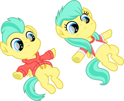 Size: 7283x5928 | Tagged: safe, artist:starryshineviolet, barley barrel, pickle barrel, pegasus, pony, g4, my little pony: rainbow roadtrip, absurd resolution, barrel twins, brother and sister, clothes, colt, cute, duo, female, filly, foal, hoodie, looking at someone, looking up, lying down, male, male and female, shirt, siblings, simple background, t-shirt, transparent background, twins, vector