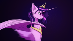 Size: 3840x2160 | Tagged: safe, artist:tenebrisnoctus, twilight sparkle, alicorn, pony, g4, 4k, bust, crown, female, high res, horn, jewelry, large wings, long horn, mare, partially open wings, peytral, profile, regalia, solo, sternocleidomastoid, twilight sparkle (alicorn), wings