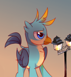 Size: 2076x2240 | Tagged: artist needed, safe, derpibooru exclusive, gallus, griffon, g4, dusk, gloaming, gradient background, high res, male, nightfall, solo, street lamp