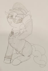 Size: 1373x2048 | Tagged: safe, artist:legendoflink, pinkie pie, earth pony, pony, g4, cap, clothes, female, grayscale, grin, hat, heart, heart eyes, lidded eyes, mare, monochrome, pencil drawing, pilot, pinktober, sitting, smiling, solo, sunglasses, traditional art, uniform, wingding eyes