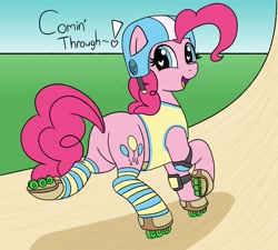 Size: 2048x1841 | Tagged: safe, artist:legendoflink, pinkie pie, earth pony, pony, g4, balloonbutt, butt, clothes, female, heart, heart eyes, helmet, knee pads, looking back, mare, open mouth, open smile, pinktober, plot, roller skates, rollerblades, skates, skating, smiling, socks, solo, striped socks, wingding eyes