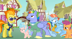 Size: 1204x656 | Tagged: safe, artist:diana173076, bow hothoof, cozy glow, rainbow dash, scootaloo, spitfire, windy whistles, pegasus, pony, g4, abuse, angry, bitchfire, clothes, comforting, crying, dashabuse, family, father and child, father and daughter, female, filly, foal, glare, go to sleep wind rider, gritted teeth, justice, male, mare, mother and child, mother and daughter, necktie, out of character, ponyville, reformed cozy glow, siblings, sisters, spitfire's tie, stallion, story included, suit, sunglasses, teeth, uniform, whistle, wonderbolts dress uniform, wonderbolts uniform