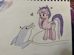 Size: 4032x3024 | Tagged: artist needed, safe, sea swirl, seafoam, dolphin, pony, unicorn, g4, duo, female, heart, mare, traditional art