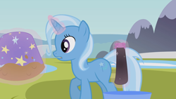 Size: 1280x720 | Tagged: safe, artist:agrol, trixie, must be better, g4, cape, clothes, clothes line, magic, magic aura, mud, muddy, sock, trixie is not amused, unamused