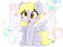 Size: 4000x3000 | Tagged: safe, artist:zokkili, derpy hooves, pegasus, pony, g4, beanbrows, bubble, cute, derp, derpabetes, ear fluff, eyebrows, eyebrows visible through hair, female, happy, heart, high res, mare, open mouth, open smile, signature, sitting, smiling, solo, sparkles, spread wings, starry eyes, wingding eyes, wings