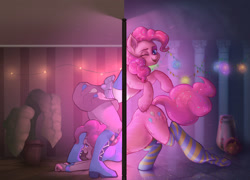 Size: 1966x1412 | Tagged: safe, artist:haku nichiya, artist:polnocnykot, pinkie pie, earth pony, human, pony, reverse satyr, equestria girls, g4, balloon, blue eyes, boots, bow, bracelet, clothes, collaboration, column, confetti, costume, cute, cutie mark on clothes, decoration, detailed background, duality, duo, duo female, face down ass up, female, garland, glowing, happy, human ponidox, human to pony, jewelry, leapfrog, looking at each other, looking at someone, magic, mirror, now you're thinking with portals, one eye closed, open mouth, open smile, party, party cannon, plant, pony to human, portal, reflection, self paradox, self ponidox, shirt, shoes, skirt, smiling, smirk, socks, stockings, striped socks, t-shirt, tail, teeth, thigh highs, transformation