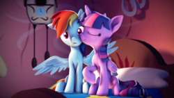 Size: 3840x2160 | Tagged: safe, artist:psfmer, rainbow dash, twilight sparkle, alicorn, pegasus, pony, g4, 3d, bed, duo, duo female, eyes closed, female, folded wings, golden oaks library, high res, horn, indoors, lesbian, mare, on bed, ponytober, raised hoof, ship:twidash, shipping, sitting, smiling, source filmmaker, spread wings, twilight sparkle (alicorn), wings