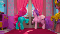 Size: 1920x1086 | Tagged: safe, screencap, jazz hooves, pipp petals, seagreen, sweets (g5), earth pony, pegasus, pony, unicorn, g5, mane smelody, my little pony: make your mark, my little pony: make your mark chapter 5, spoiler:g5, spoiler:my little pony: make your mark, spoiler:my little pony: make your mark chapter 5, spoiler:mymc05e05, animated, bottle, carpet, container, crowd, female, flower, mane melody (location), mare, mirror, nervous, red carpet, sound, webm