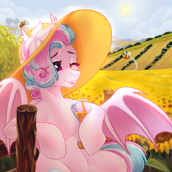 Size: 1000x1000 | Tagged: safe, artist:ariamidnighters, oc, oc only, oc:sweetie swirl, bat pony, bee, insect, pony, cottagecore, femboy, fence, field, flower, hat, male, not flurry heart, scenery, solo, stallion, sun, sunflower
