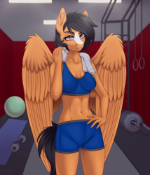 Size: 2400x2800 | Tagged: safe, artist:enderbee, oc, pegasus, anthro, barbell, black hair, clothes, gray eyes, high res, lamp, rug, scar, shorts, solo, sports bra, sports outfit, sports shorts, sweat, sweatdrop, sweatdrops, towel, weights, wings