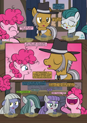 Size: 1920x2715 | Tagged: safe, artist:alexdti, cloudy quartz, igneous rock pie, limestone pie, marble pie, maud pie, pinkie pie, earth pony, pony, comic:how we met, g4, father and child, father and daughter, female, filly, filly limestone pie, filly marble pie, filly maud pie, filly pinkie pie, food, male, rock soup, siblings, sisters, soup, twins, younger