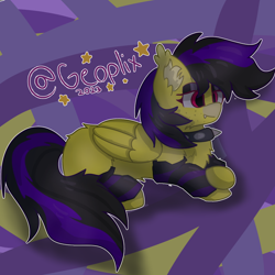 Size: 2000x2000 | Tagged: safe, artist:geo, oc, oc:banan, bat pony, hybrid, pegasus, pony, chest fluff, clothes, collar, ear fluff, high res, leg warmers, lying down, simple background, spiked collar, stripe warmers