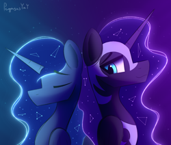 Size: 2480x2105 | Tagged: safe, artist:pegasusyay, nightmare moon, princess luna, alicorn, pony, g4, duality, duo, fanfic art, high res, looking at someone, love, smiling