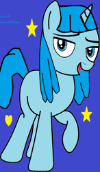 Size: 658x1129 | Tagged: safe, artist:arts48, artist:strat-fim, pony, unicorn, g4, base used, blue background, blue text, female, heart, jammbonian, jammbonian pony, jelly jamm, mare, mina (jelly jamm), open mouth, open smile, ponified, ponytail, raised hoof, raised leg, rule 85, simple background, smiling, solo, stars, text
