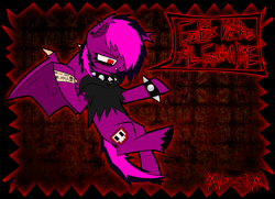 Size: 2808x2028 | Tagged: safe, artist:xxv4mp_g4z3rxx, oc, oc only, oc:violet valium, bat pony, pony, bags under eyes, bat pony oc, belly button, clothes, collar, ear piercing, emo, eyeliner, flying, hair over one eye, high res, hoodie, hospital band, makeup, piercing, red eyes, scar, signature, smiling, smug, solo, speech bubble, spiked collar, spiked wristband, tail, taunting, torn clothes, two toned mane, two toned tail, unshorn fetlocks, wristband