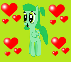 Size: 1018x885 | Tagged: safe, artist:arts48, pegasus, pony, g4, 1000 hours in ms paint, female, folded wings, green background, heart, jammbonian, jammbonian pony, jelly jamm, mare, open mouth, open smile, ponified, ponytail, rule 85, simple background, smiling, solo, text, tiana (jelly jamm), wings