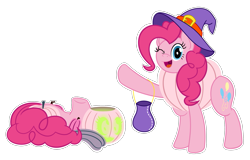 Size: 2081x1334 | Tagged: safe, artist:of-felt-and-cardboard, pinkie pie, earth pony, pony, g4, bag, clothes, costume, female, food, food costume, halloween, halloween costume, hat, headless, holiday, jack-o-lantern, mare, modular, nightmare night, one eye closed, open mouth, open smile, pinkie being pinkie, pumpkin, pumpkin costume, simple background, smiling, sticker, transparent background, waving, wide hips, wink, witch hat