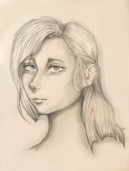 Size: 1536x2048 | Tagged: safe, artist:hysteriana, babs seed, human, g4, bust, female, freckles, humanized, old art, phone drawing, portrait, sepia, sketch, solo, teenager, traditional art