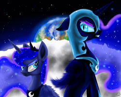 Size: 1280x1024 | Tagged: safe, artist:vanezaescobedo, nightmare moon, princess luna, alicorn, pony, g4, blue eyes, crown, digital art, duo, duo female, ethereal mane, eyelashes, eyeshadow, fangs, feather, female, flowing mane, folded wings, helmet, hoof shoes, horn, jewelry, looking at each other, looking at someone, makeup, mare, moon, peytral, regalia, space, sparkles, starry mane, stars, teeth, unamused, wings