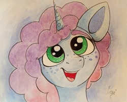 Size: 1791x1445 | Tagged: safe, artist:engi, misty brightdawn, pony, unicorn, g5, cute, female, freckles, looking up, open mouth, simple background, solo, traditional art, watercolor painting