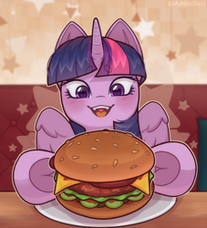 Size: 3000x3300 | Tagged: safe, artist:auroracursed, twilight sparkle, alicorn, pony, g4, burger, cute, female, food, frog (hoof), heart, heart eyes, high res, mare, meat, open mouth, open smile, plate, ponies eating meat, smiling, solo, that pony sure does love burgers, twiabetes, twilight burgkle, twilight sparkle (alicorn), underhoof, wingding eyes