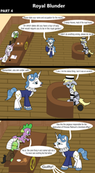 Size: 1920x3516 | Tagged: safe, artist:platinumdrop, derpy hooves, fancypants, fleur-de-lis, spike, oc, oc:filly anon, dragon, pegasus, pony, unicorn, comic:royal blunder, g4, 3 panel comic, alternate universe, ankle cuffs, avoiding eye contact, ball and chain, bound wings, chained, chains, clerk, clothes, comic, commission, courtroom, crying, cuffed, cuffs, desk, dialogue, drink, drinking, duo, ears back, female, filly, floppy ears, foal, folded wings, gavel, glowing, glowing horn, hat, horn, indoors, judge, justice, law, looking at each other, looking at someone, looking at you, magic, makeup, male, mare, monocle, offscreen character, open mouth, parchment, pleading, prison outfit, prison stripes, prisoner, prosecutor, quill pen, restraints, royal, ruff (clothing), sad, shackles, sitting, speech bubble, suit, talking, tea, telekinesis, testimony, trial, trio, walking, wall of tags, wig, wings, witness, witness stand