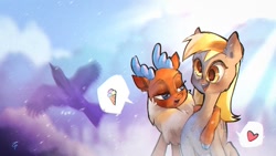 Size: 680x383 | Tagged: safe, artist:haku nichiya, derpy hooves, velvet (tfh), bird, deer, pegasus, pony, them's fightin' herds, g4, cloven hooves, community related, doe, duo, female, heart, mare, speech bubble