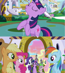 Size: 1001x1126 | Tagged: safe, screencap, applejack, fluttershy, pinkie pie, rainbow dash, rarity, spike, twilight sparkle, pony, unicorn, g4, the crystal empire, canterlot, mane seven, mane six, reprise, singing, song, the failure song, the success song, unicorn twilight