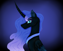 Size: 4344x3560 | Tagged: safe, artist:ceciliemuzen, nightmare moon, alicorn, pony, g4, blue background, blue eyes, blue mane, curved horn, digital art, ethereal mane, eyelashes, feather, female, flowing mane, folded wings, gem, high res, horn, looking at you, mare, night, peytral, signature, simple background, solo, sparkles, starry mane, stars, wings
