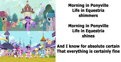 Size: 2176x1126 | Tagged: safe, edit, edited screencap, screencap, applejack, fluttershy, pinkie pie, rainbow dash, rarity, spike, twilight sparkle, alicorn, pony, unicorn, g4, magical mystery cure, background pony, canterlot, clothes, comparison, coronation dress, dress, life in equestria, lyrics, magical mystery cure 10th anniversary, mane seven, mane six, morning in ponyville, reprise, singing, song, text, twilight sparkle (alicorn), unicorn twilight