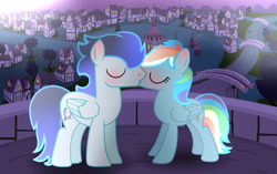 Size: 750x471 | Tagged: safe, artist:hugsartist, rainbow dash, soarin', pegasus, pony, g4, female, kiss on the lips, kissing, male, mare, ship:soarindash, shipping, stallion, straight