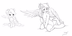 Size: 3694x1830 | Tagged: safe, artist:tucksky, pegasus, pony, semi-anthro, arm hooves, chest fluff, clothes, kneeling, monochrome, stockings, thigh highs