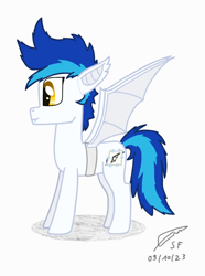 Size: 1080x1448 | Tagged: safe, artist:snowy_pony, oc, oc only, oc:snowflake feather, pegasus, pony, bat pony costume, clothes, costume, male, nightmare night costume, simple background, solo, stallion, white background