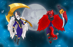 Size: 5497x3508 | Tagged: safe, artist:magikarpii, oc, oc only, oc:brilliant verve, bat pony, hybrid, pegasus, zony, anthro, anthro oc, clothes, costume, floating, flying, gold, hero, hood, hooves, male, mare in the moon, moon, nightmare night, pink eyes, pose, scythe, shadowbolts, smiling, space, weapon