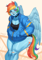 Size: 1754x2480 | Tagged: safe, artist:nire, rainbow dash, pegasus, anthro, g4, alternate hairstyle, bandaid, bandaid on nose, breasts, choker, cleavage, clothes, ear piercing, earring, eyeshadow, female, jacket, jewelry, lipstick, makeup, muscles, muscular female, piercing, short hair, shorts, smiling, solo, sports bra, sports shorts, thighs, thunder thighs, wings