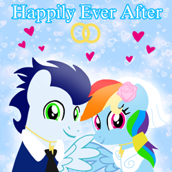 Size: 1400x1400 | Tagged: safe, artist:mlplary6, rainbow dash, soarin', pegasus, pony, g4, bride, clothes, dress, female, flower, flower in hair, groom, heart, husband and wife, jewelry, looking at you, love, male, mare, marriage, married couple, ring, ship:soarindash, shipping, smiling, smiling at you, stallion, straight, text, tuxedo, wedding dress, wedding ring