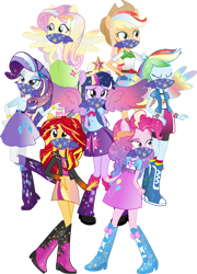 Size: 2876x4000 | Tagged: safe, artist:theshadowstone, edit, applejack, fluttershy, pinkie pie, rainbow dash, rarity, sunset shimmer, twilight sparkle, human, equestria girls, g4, 1000 years in photoshop, big crown thingy, cloth gag, element of magic, gag, humane five, humane seven, humane six, jewelry, op is a duck, ponied up, regalia, simple background, transparent background
