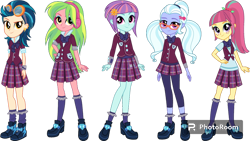 Size: 1192x670 | Tagged: safe, edit, editor:cutler1228, indigo zap, lemon zest, sour sweet, sugarcoat, sunny flare, human, equestria girls, g4, official, bow, clothes, crystal prep academy uniform, female, hairclip, pigtails, plaid skirt, pleated skirt, school uniform, shadow five, shadowbolts, simple background, skirt, transparent background