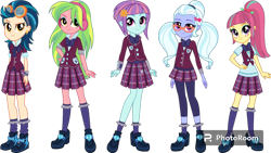 Size: 1192x670 | Tagged: safe, edit, editor:cutler1228, indigo zap, lemon zest, sour sweet, sugarcoat, sunny flare, human, equestria girls, g4, bow, clothes, crystal prep academy uniform, female, hairclip, pigtails, plaid skirt, pleated skirt, school uniform, shadow five, shadowbolts, simple background, skirt, transparent background