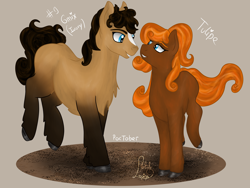 Size: 4000x3000 | Tagged: safe, artist:loopina, oc, oc only, oc:onyx, oc:tulipe, earth pony, pony, brown background, duo, female, male, poctober, siblings, simple background, twins