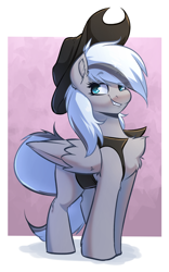 Size: 1820x2912 | Tagged: safe, artist:witchtaunter, oc, oc only, oc:silver edge, pegasus, pony, chest fluff, clothes, commission, cowboy, cute, ear fluff, hat, high res, looking back, smiling, solo, vest