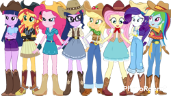 Size: 1280x720 | Tagged: safe, artist:ajosterio, artist:aqua-pony, editor:cutler1228, applejack, fluttershy, pinkie pie, rainbow dash, rarity, sci-twi, sunset shimmer, twilight sparkle, human, equestria girls, five to nine, g4, my little pony equestria girls: better together, belt, boots, clothes, cowboy boots, cowboy hat, cowgirl, cowgirl outfit, crossed arms, denim, female, hat, humane five, humane seven, humane six, jeans, overalls, pants, shoes, simple background, skirt, spurs, stetson, transparent background, twolight