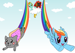 Size: 1587x1127 | Tagged: safe, artist:culu-bluebeaver, lightning dust, rainbow dash, cat, pegasus, pony, g4, black outlines, cloud, concept, concept art, flying, food, lurking, nyan cat, poptart, simple background, sketch, sky, smiling, tac nayn, wings
