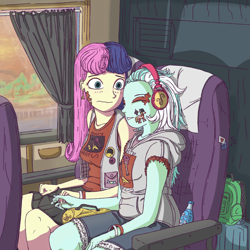 Size: 1500x1500 | Tagged: safe, artist:lef-fa, bon bon, lyra heartstrings, sweetie drops, equestria girls, g4, alternate hairstyle, bus, clothes, duo, face paint, female, headphones, hoodie, lesbian, ship:lyrabon, shipping, vest