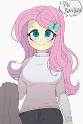 Size: 850x1275 | Tagged: artist needed, source needed, safe, fluttershy, human, equestria girls, g4, blushing, butterfly hairpin, clothes, eyebrows, female, hairpin, korean, signature, simple background, smiling, solo, sweater, translated in the comments, white background