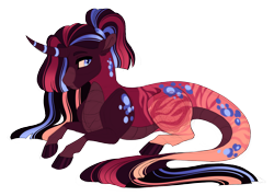 Size: 4024x2888 | Tagged: safe, artist:gigason, oc, oc only, oc:garnet, dracony, dragon, hybrid, blue eyes, body markings, cloven hooves, coat markings, colored hooves, curved horn, dappled, eyes closed, facial markings, female, frown, gradient mane, gradient tail, hoof polish, horn, leonine tail, lying down, magical lesbian spawn, obtrusive watermark, offspring, parent:oc:lava agate, parent:oc:sunshine lila, parents:oc x oc, ponytail, prone, simple background, socks (coat markings), solo, striped horn, tail, transparent background, watermark